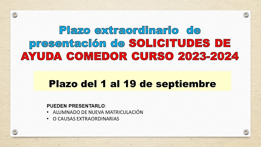 Plazo extraordinario ayudas de comedor sept 2023 Plazo extraordinario ayudas de comedor sept 2023