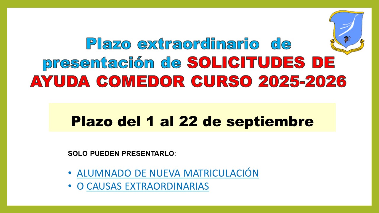 PLAZO EXTRAORDINARIO BECAS COMEDOR SEPTIEMBRE 2025