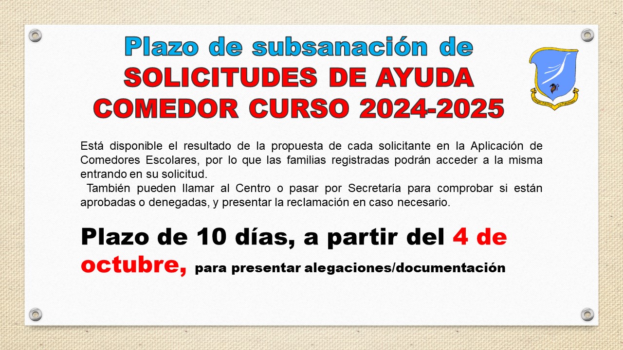 PLAZO SUBSANACIÓN AYUDAS COMEDOR SEPTIEMBRE