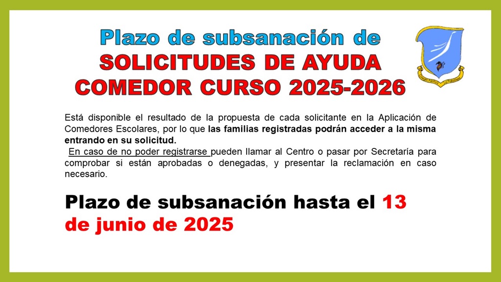 PLAZO DE SUBSANACIÓN COMEDOR 25-26